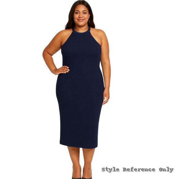 NWT Eliza J Crochet Halter Midi Dress Size XL Navy Blue Sleeveless Fitted Knit - Picture 4 of 16